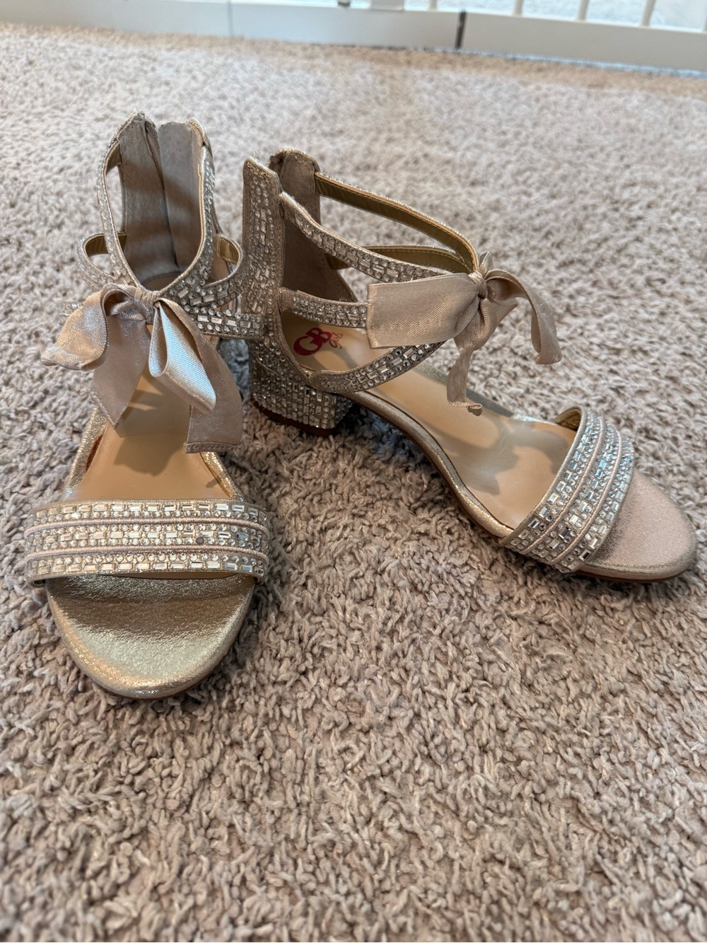 GB Girls Champagne Rhinestone Block Heel Sandals with Bow Accent